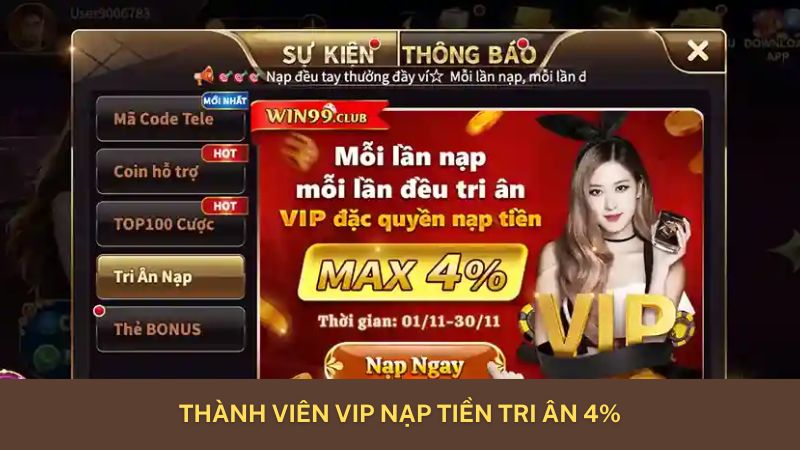 Thành viên VIP nạp tiền tri ân 4%